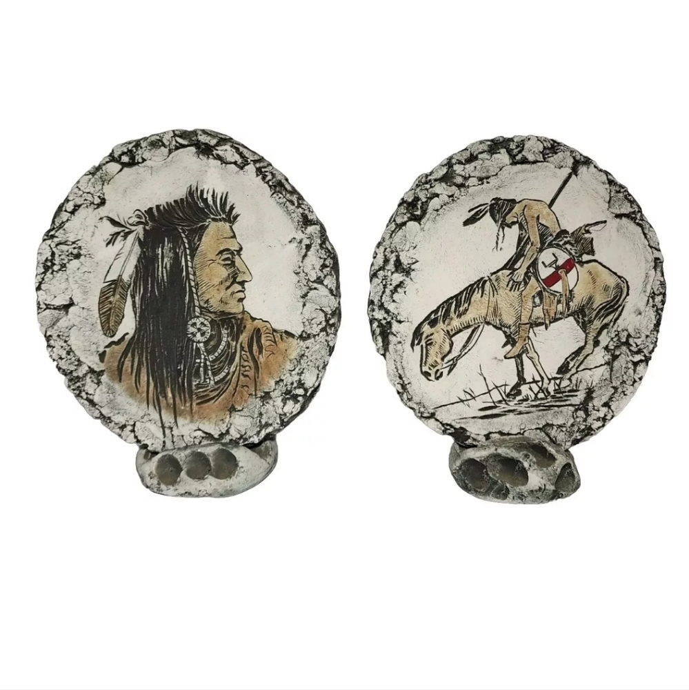 2 Native American Etched Stone Art Stan Langtwait End of Trail Indian Chief EUC